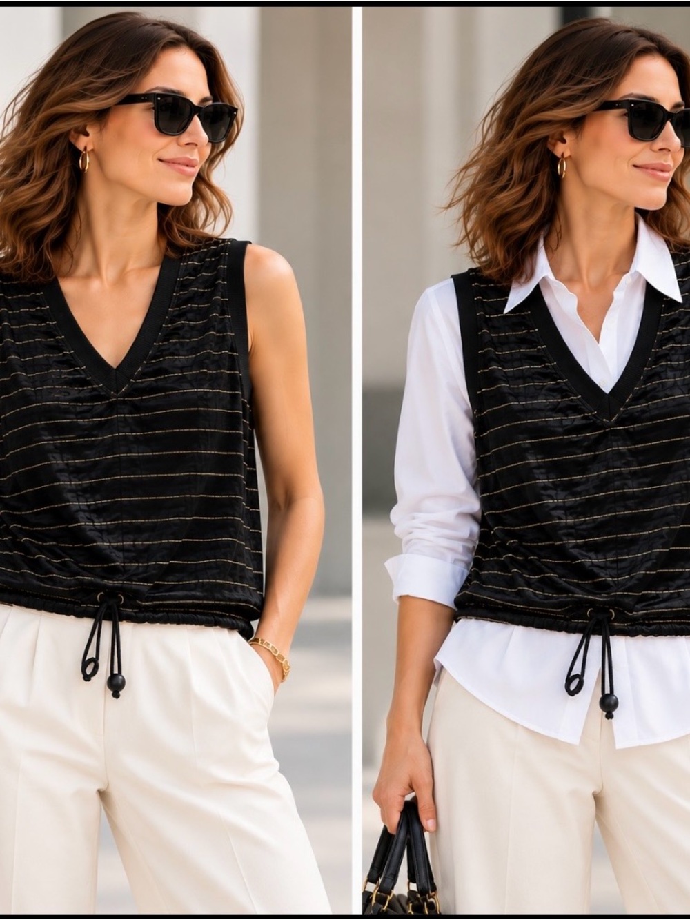 Sonia Rykiel Black Metallic-Striped V-Neck Drawstring Tank L